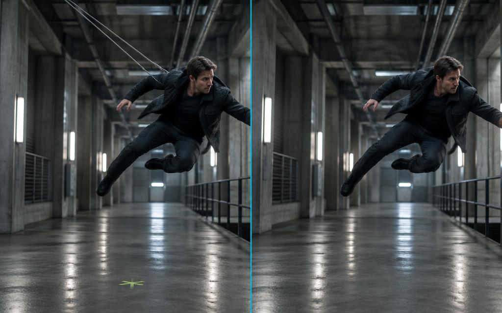 Illustrative stunt shot before and after safety-wire cleanup