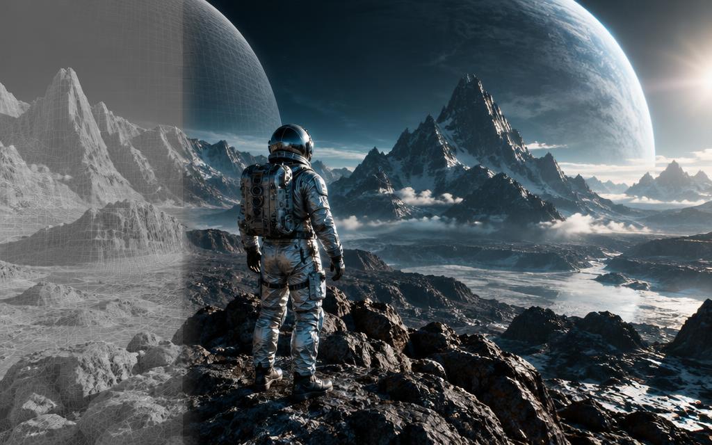 Illustrative astronaut composite transitioning from wireframe to a finished environment