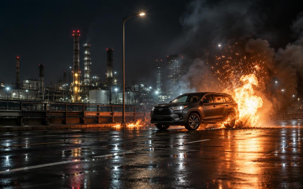Illustrative cinematic fire, sparks and smoke integrated into an industrial scene