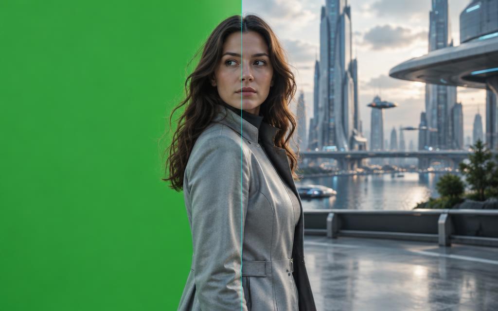 Illustrative actor extraction from green screen into a city environment