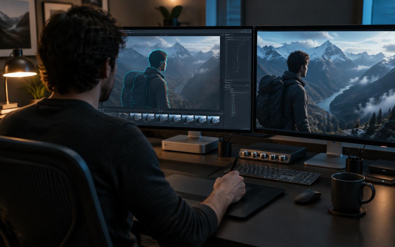 Illustrative VFX studio scene showing a shot being reviewed and composited